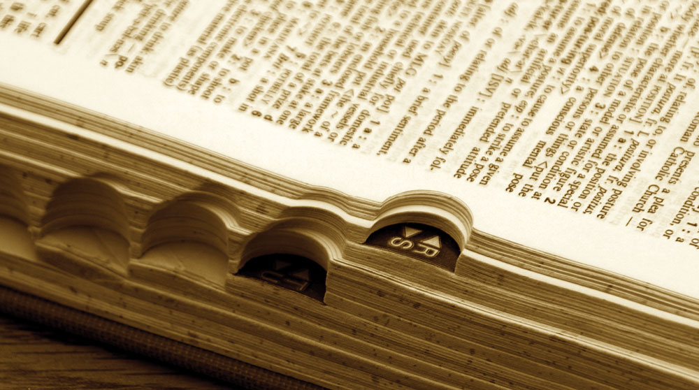 A close-up photo of the R.S. tab of a thick dictionary.