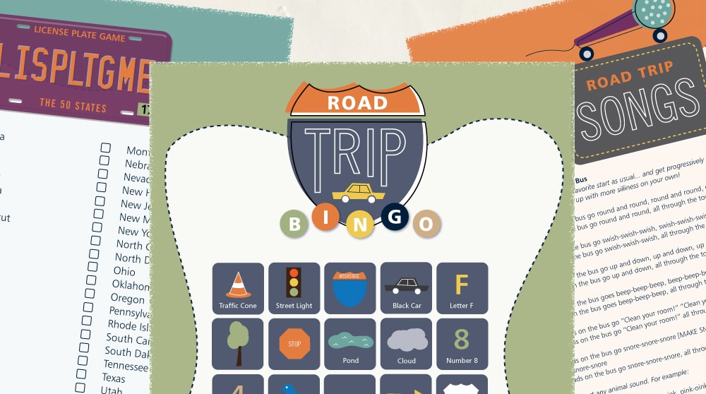 Various road trip game worksheets.