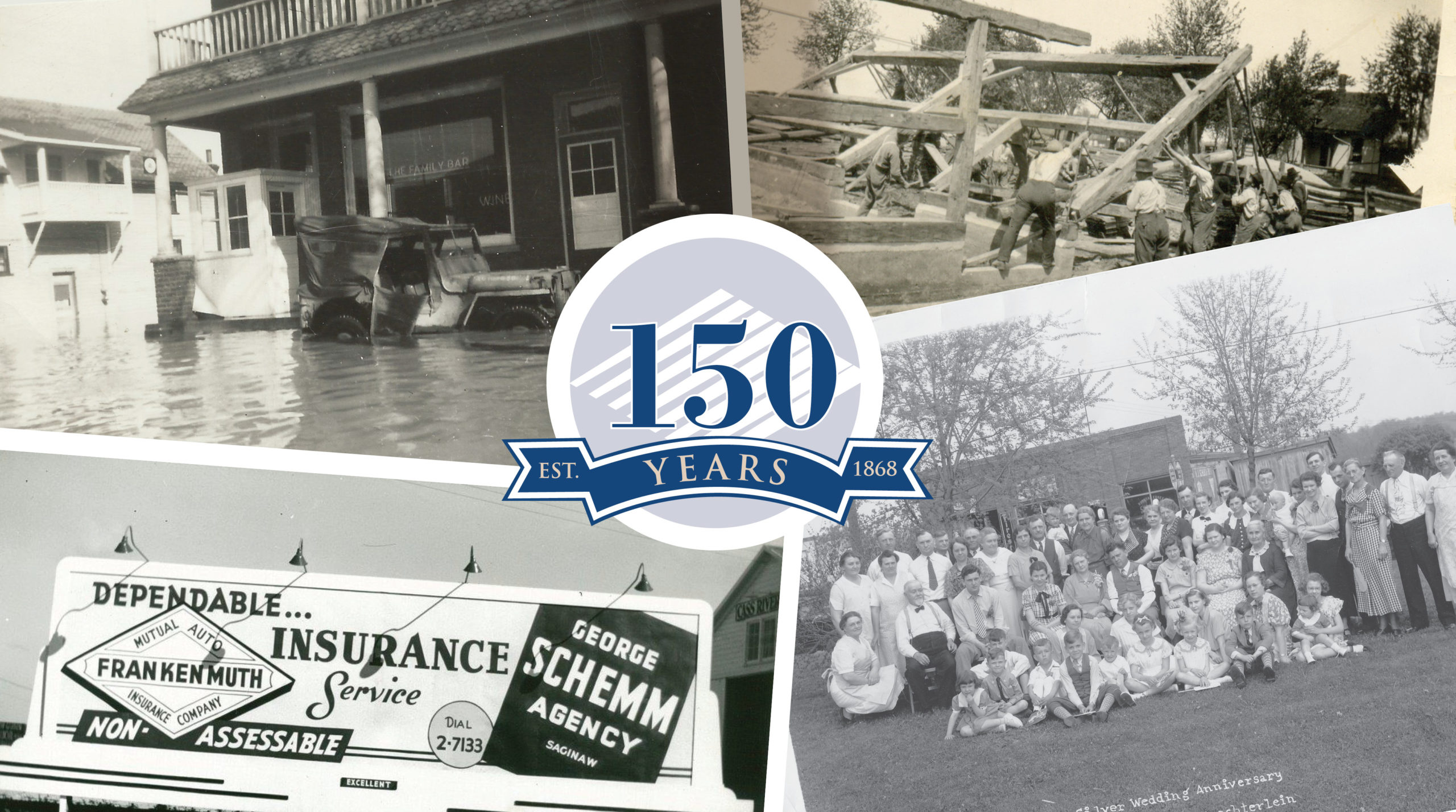 Old photos of Frankenmuth Insurance building and staff collaged together with the 150th Anniversary logo in the middle.