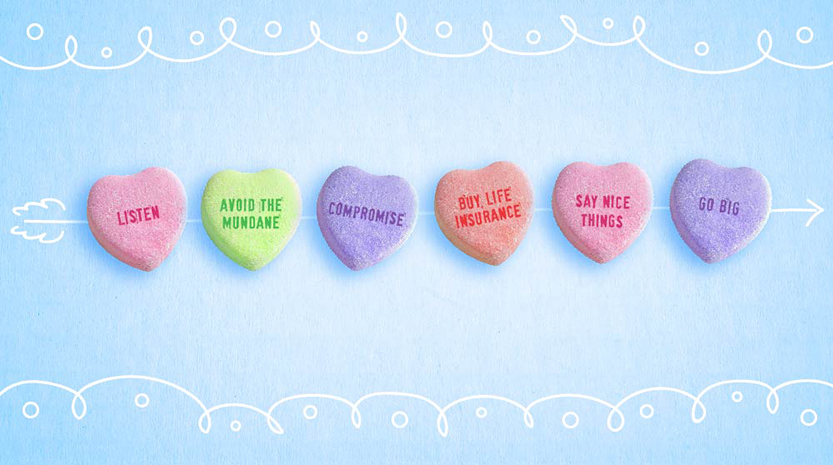 A digitally manipulated graphic of multi color candy hearts with different phrases printed on them.