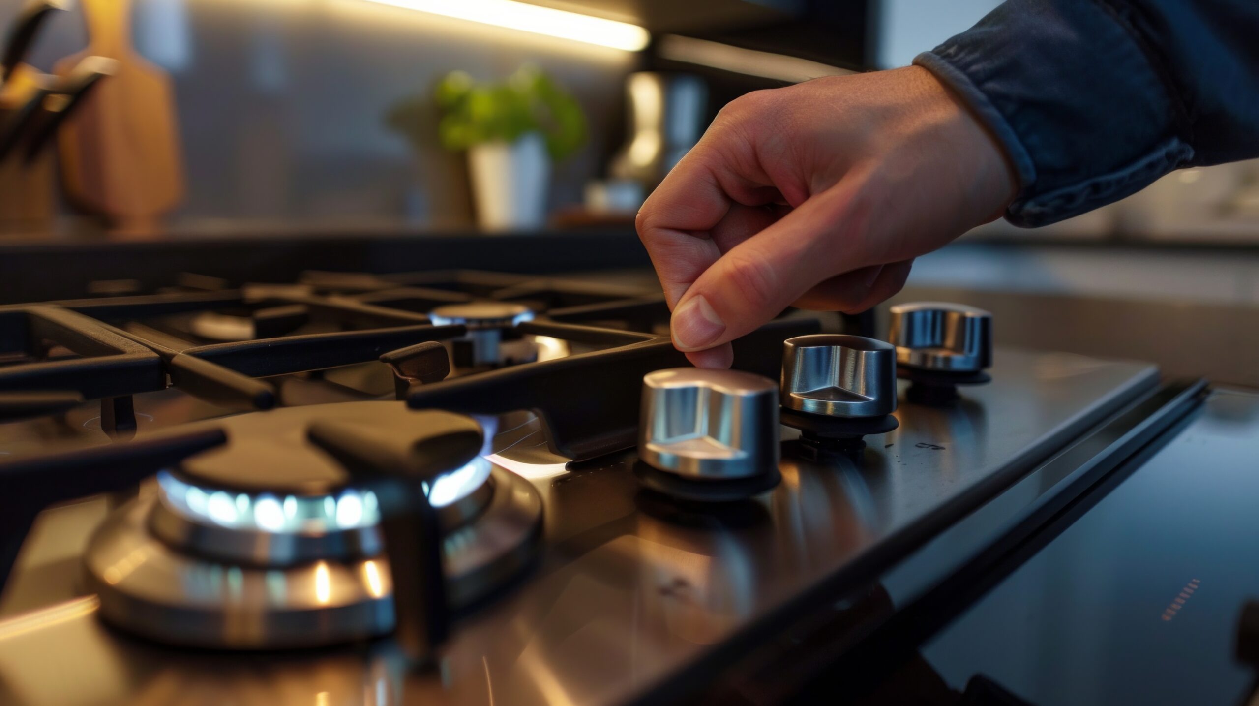 Worker repairing Modern hob gas stove countertop in big kitchen.